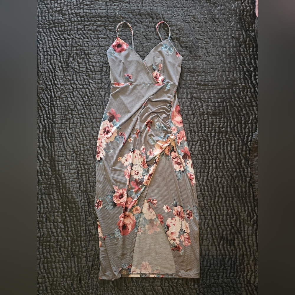 Windsor Floral Gray Midi Bodycon Dress Small